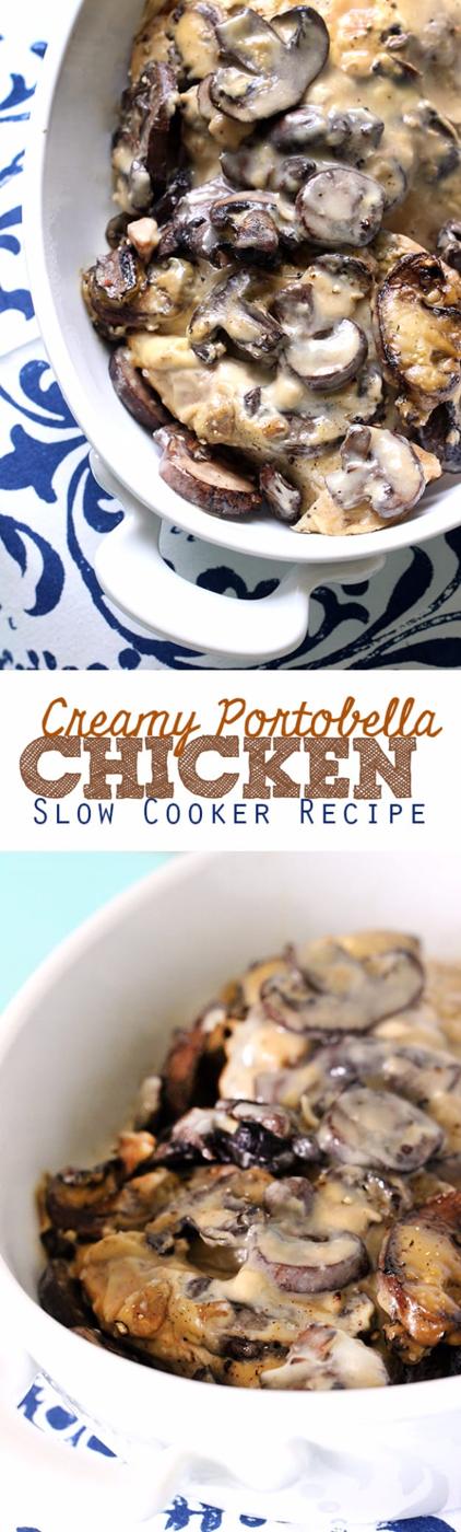 Creamy portobella mushroom chicken from the slow cooker, an easy 3 ingredient dinner for busy nights