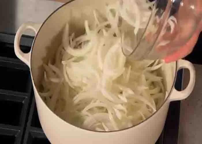 Caramelizing the onions for the French onion soup recipe