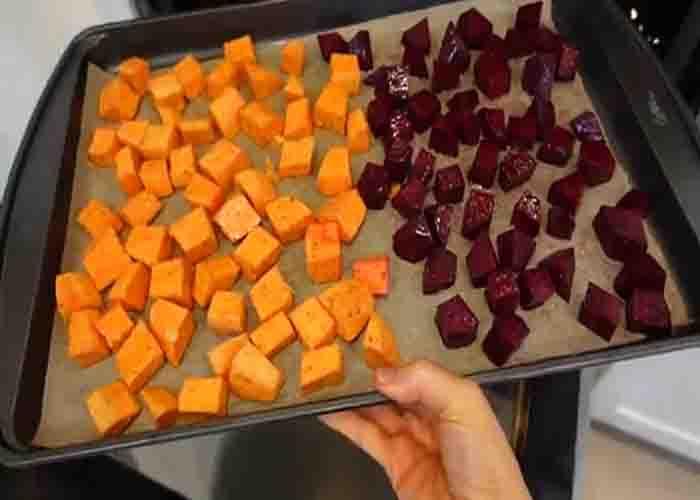 Roasting the sweet potatoes and beets for the winter salad