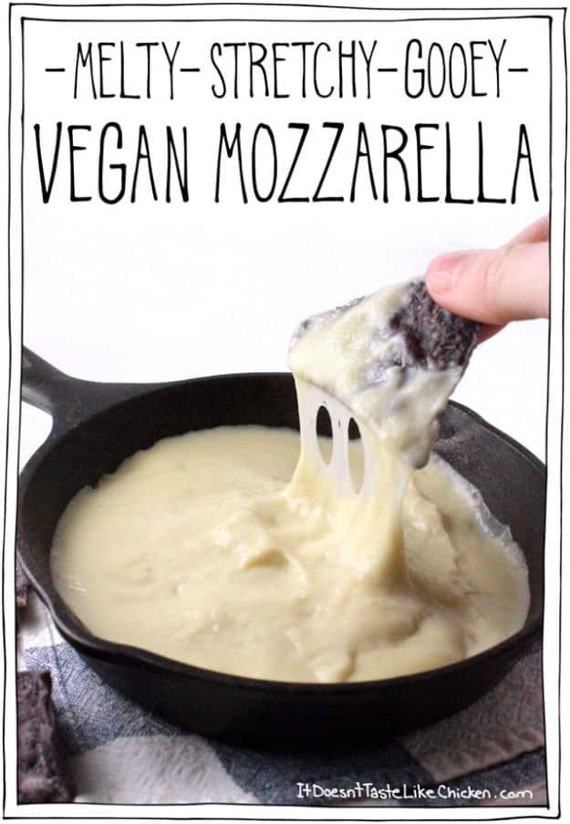 Graphic titled Melty Stretchy Gooey Vegan Mozzarella, a skillet of white cheese being pulled up on a chip