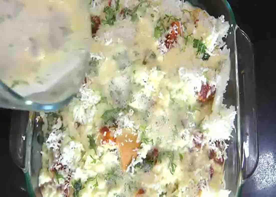 Pouring the egg mixture to the casserole dish