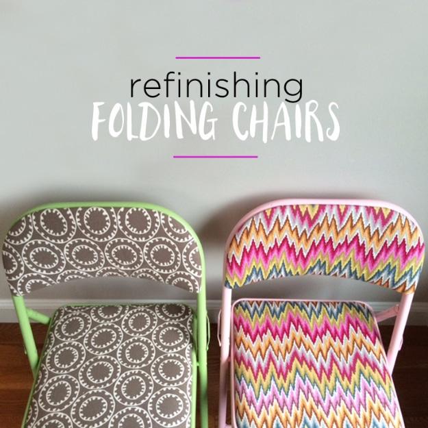 Refinishing Folding Chairs graphic with a green chair in patterned fabric and a pink one in multicolored chevron