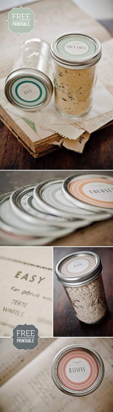 Free printable mason jar lid template labels in pale mint, sage and peach on jar lids, shown on old book paper