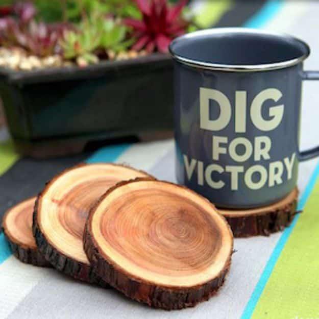 A stack of sanded branch slices with bark still on the rim, tree rings showing, rustic crafts to sell as coasters