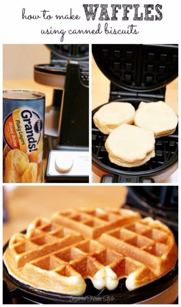 Golden waffles made from flattened canned biscuits pressed in a waffle iron, a fast breakfast trick recipe worth making twice