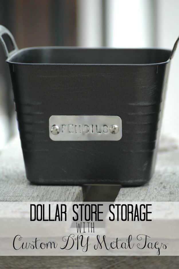 Dollar Store Storage Bins with Custom Metal Tags, an easy weekend project that clears the clutter and it comes together fast