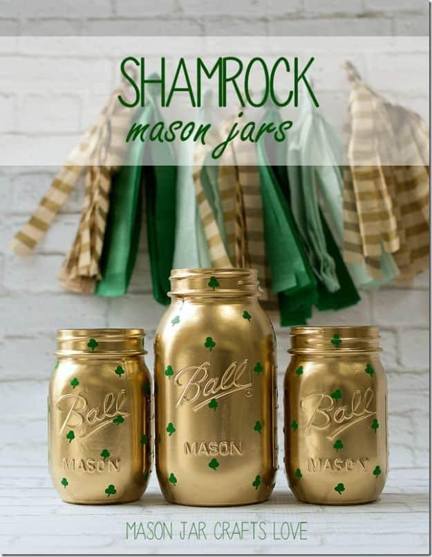 St Patricks Day Decor Ideas - Shamrock Mason Jars - DIY St. Patrick's Day Party Decorations and Home Decor Crafts - Projects for Walls, Hanging Banners, Wreaths, Tabletop Centerpie