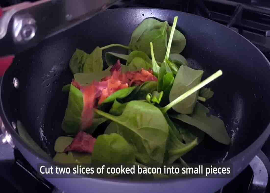 Sauteing spinach and bacon for the breakfast wrap
