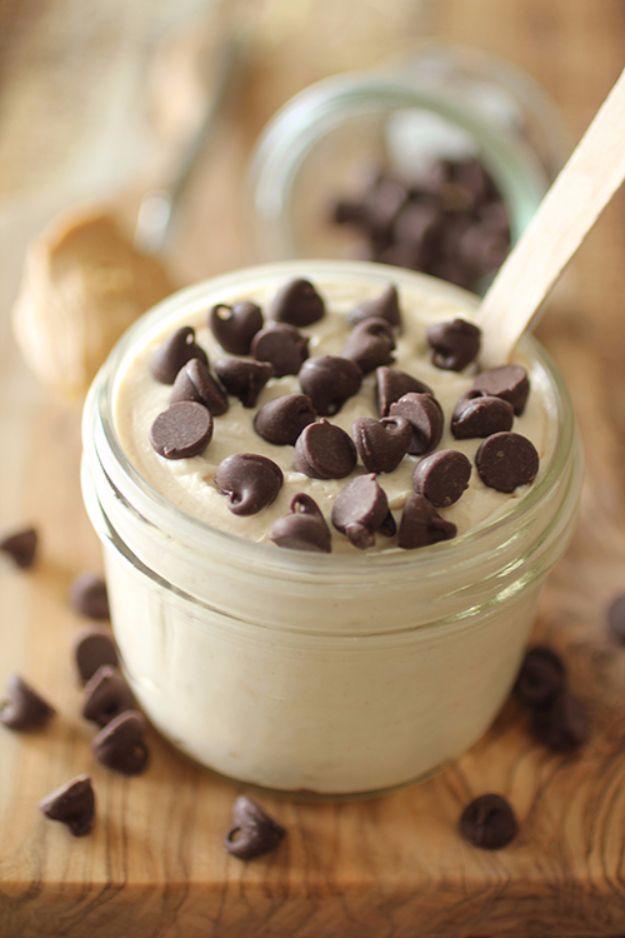 Cookie dough Greek yogurt in a bowl with chocolate chips stirred through, an easy one minute protein snack