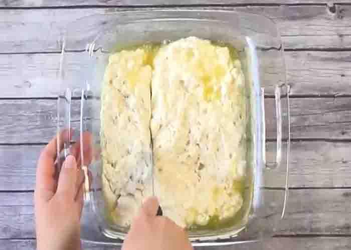 Cutting the buttermilk biscuits into bite-size pieces