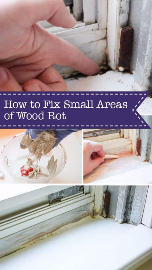 How to Fix Small Areas of Wood Rot graphic with a window sill, the rot dug out, and the finished sill painted white