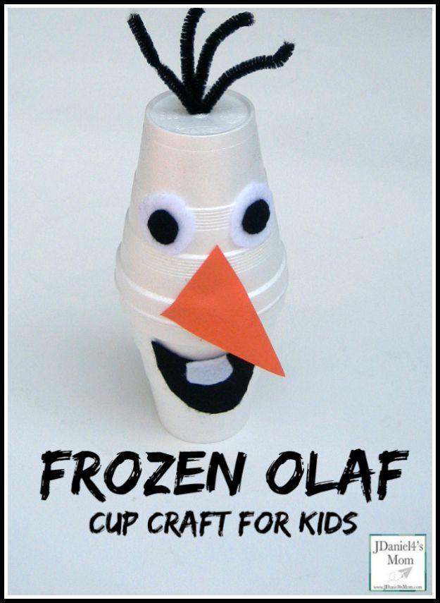 Pin graphic reading Frozen Olaf Cup Craft for Kids, two white foam cups built into Olaf with pipe cleaner hair