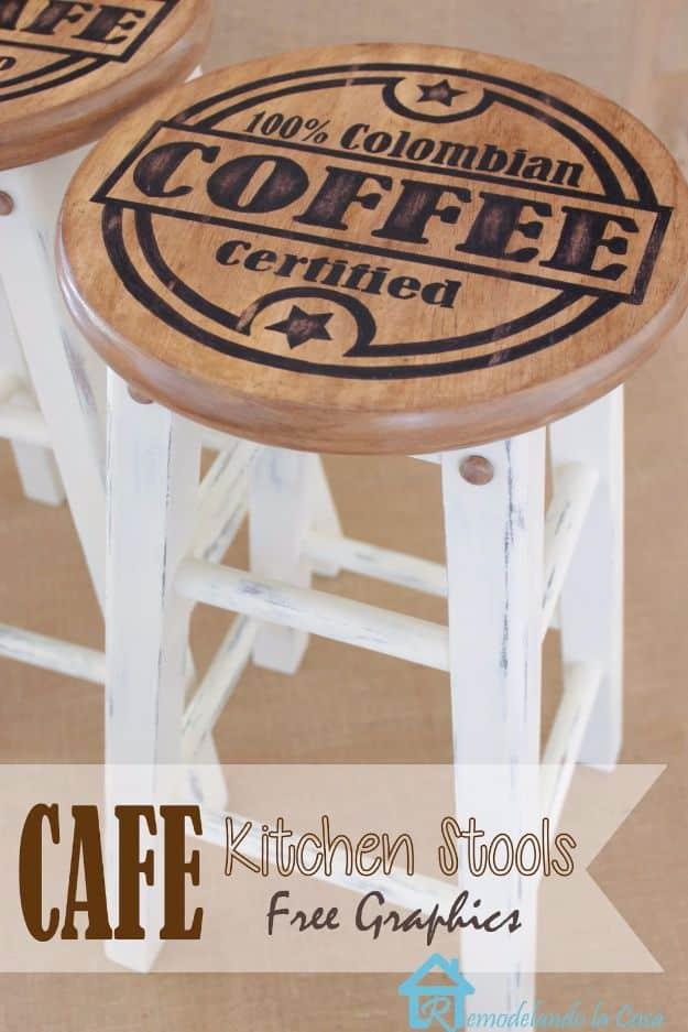 Painted kitchen stools with distressed white legs and stained wood seats hand lettered with a coffee stamp graphic