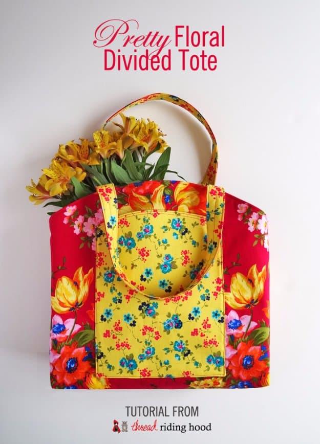 Sewing craft to sell: a floral divided tote sewn with separate compartments for a pretty organized carry bag