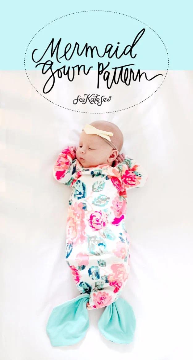 Sleeping newborn in a floral knit gown with an aqua mermaid tail hem, under a hand lettered pattern title