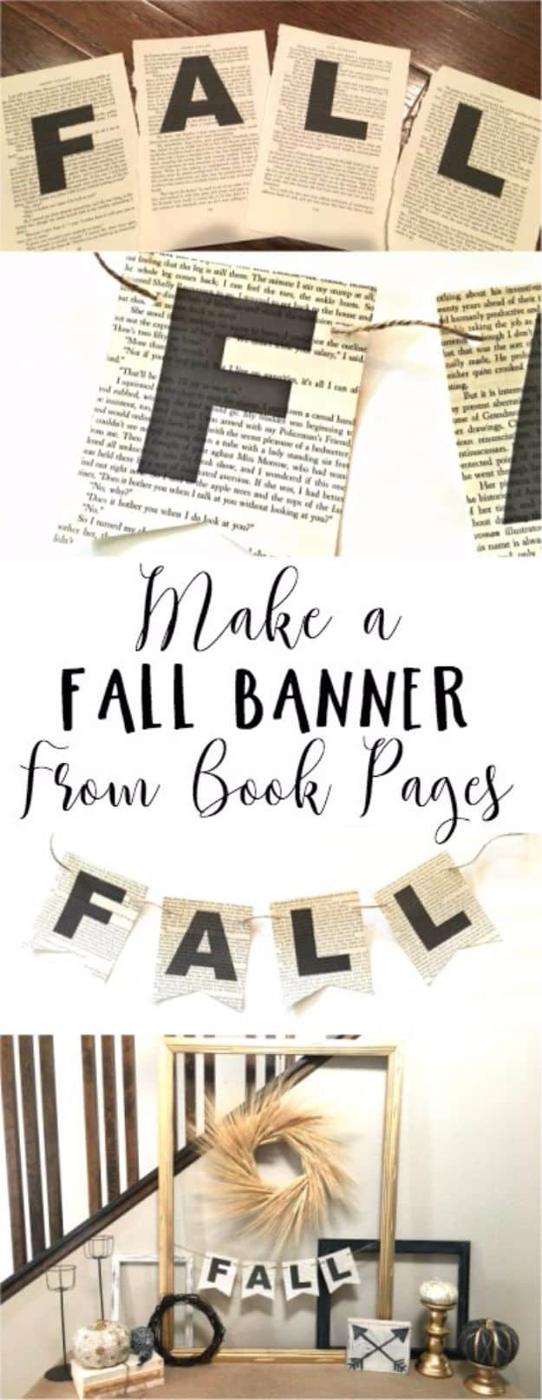 Fall banner graphic showing book page triangles lettered FALL strung on twine, with a styled fall display
