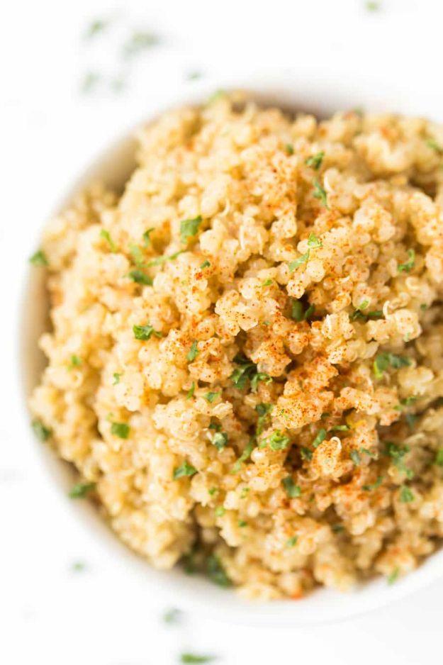 Easy dinner recipe: five ingredient garlic butter quinoa stirred together for a fast simple side for the whole family