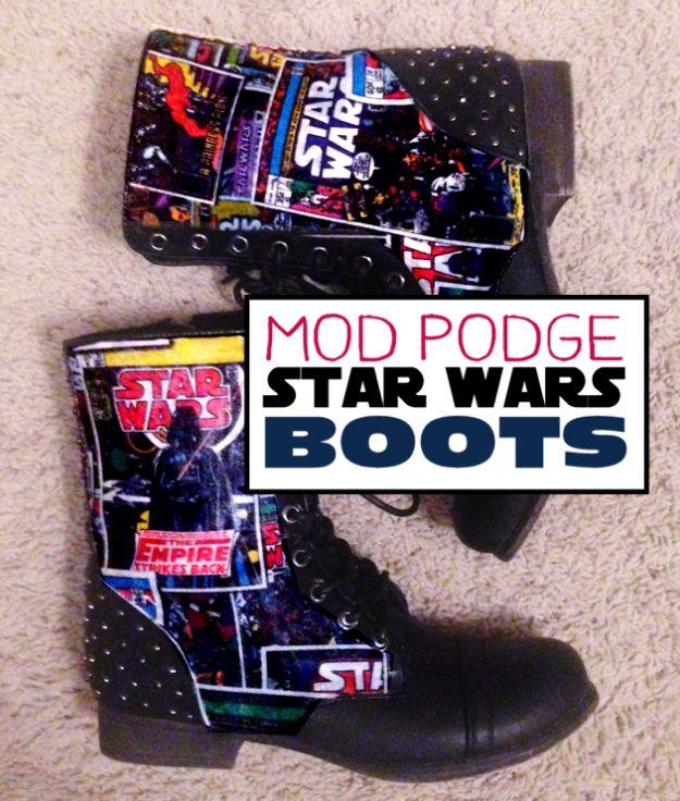 Mod Podge Star Wars boots, black lace up combat boots decoupaged with Star Wars comic print cotton fabric