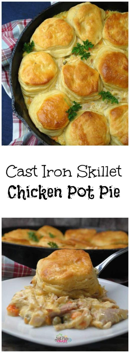 Cast iron skillet chicken pot pie topped with golden buttermilk biscuits and chopped fresh parsley for a quick weeknight meal