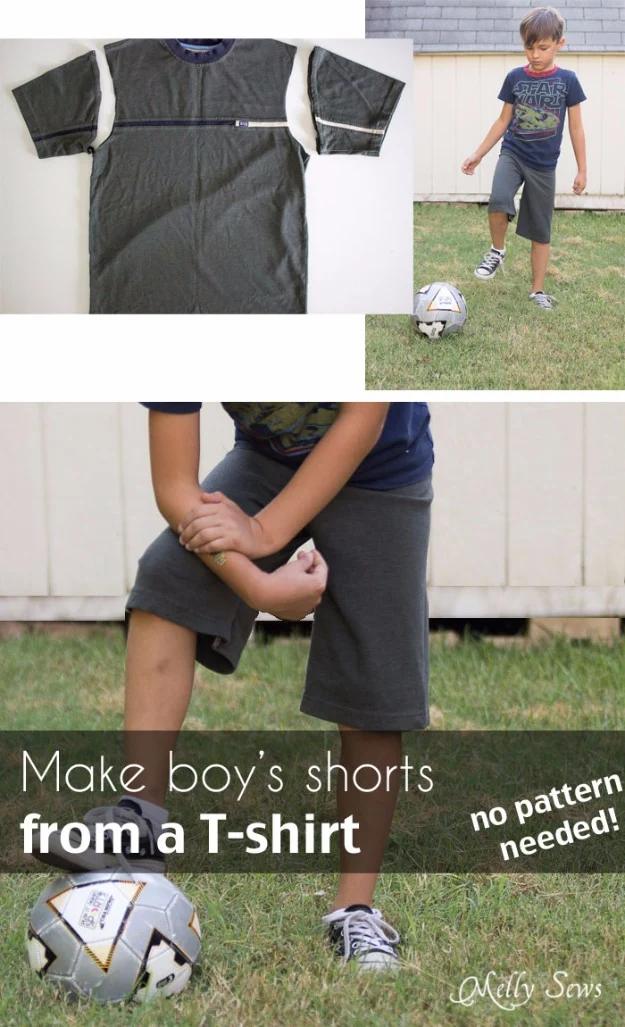 Sewing projects for boys shorts sewn from a gray t-shirt, shown flat beside a child wearing them kicking a soccer ball