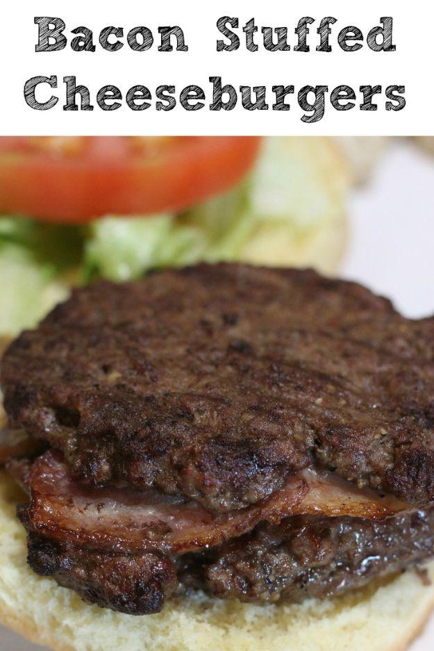 Pin graphic, white band above an open faced bacon stuffed cheeseburger on a bottom bun with lettuce behind it