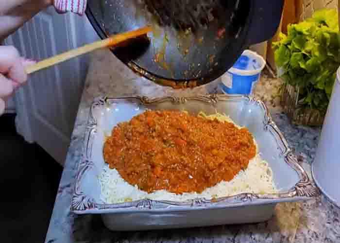 Assembling the millionaire spaghetti casserole