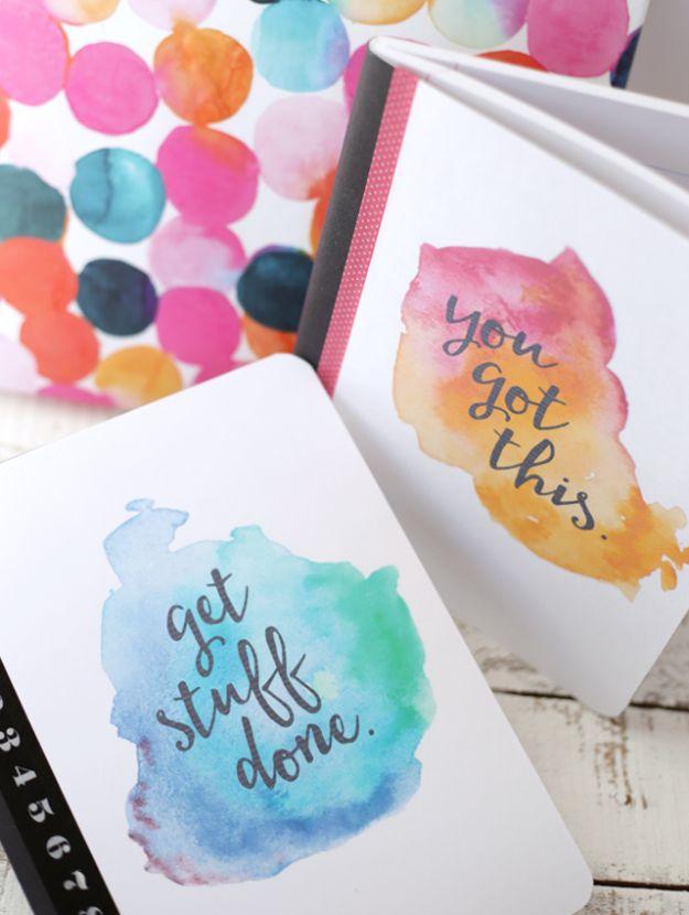 Free printable watercolor notebook covers on composition books with painted dots and get stuff done lettering