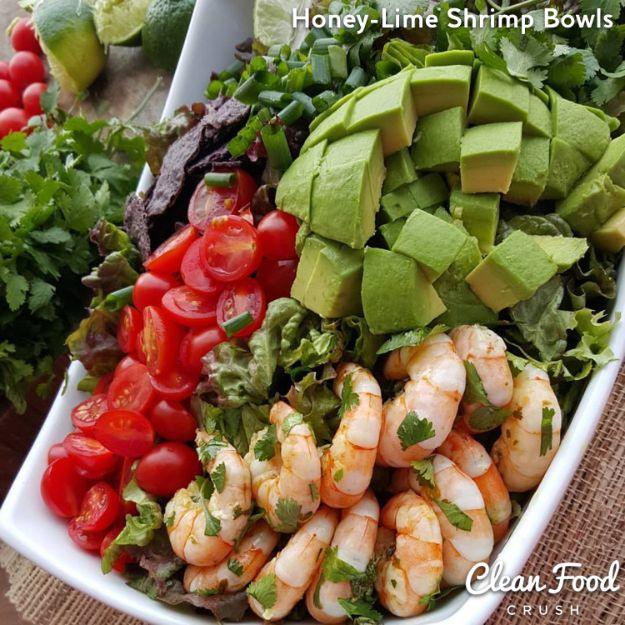 Recipes for Clean Eating - Honey-Lime Shrimp Bowls with Homemade Clean Dressing - Raw and Whole Foods, Unprocessed Meal and Snack Ideas for Lunch and Dinner - Fresh, Healthy Foods