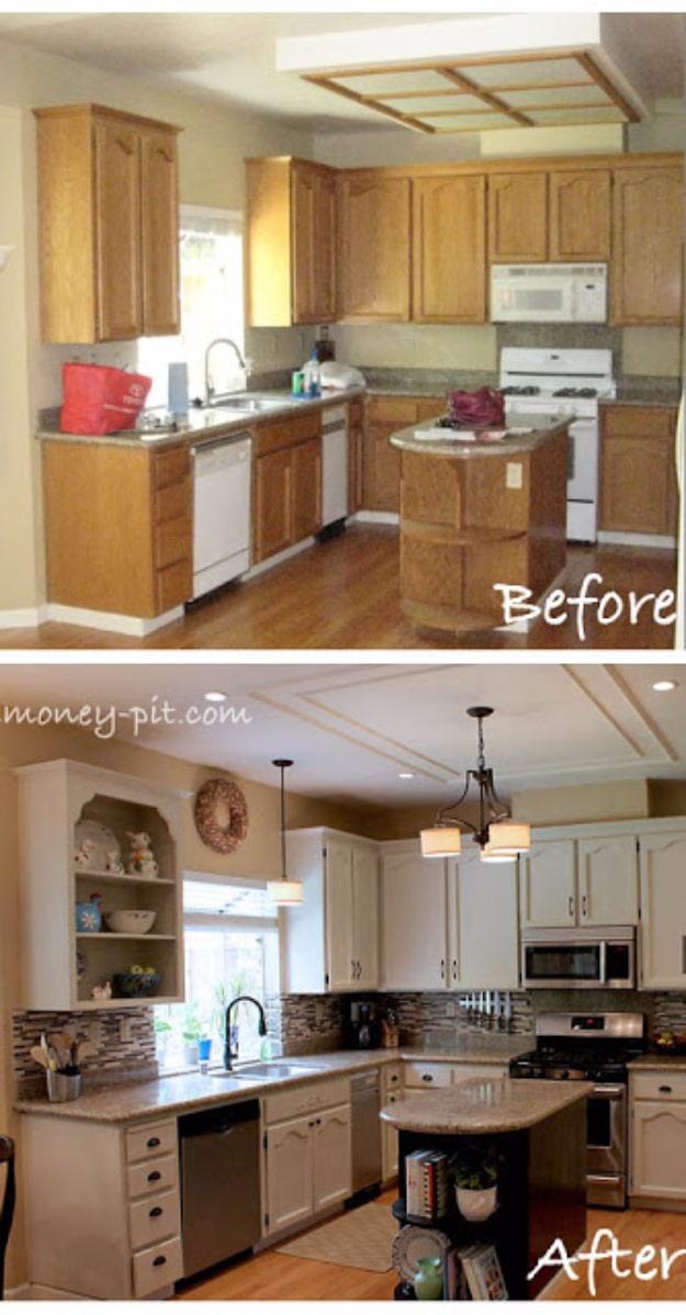 Before and after of an oak kitchen with a fluorescent box ceiling, then cream cabinets, mosaic backsplash and pendant lights
