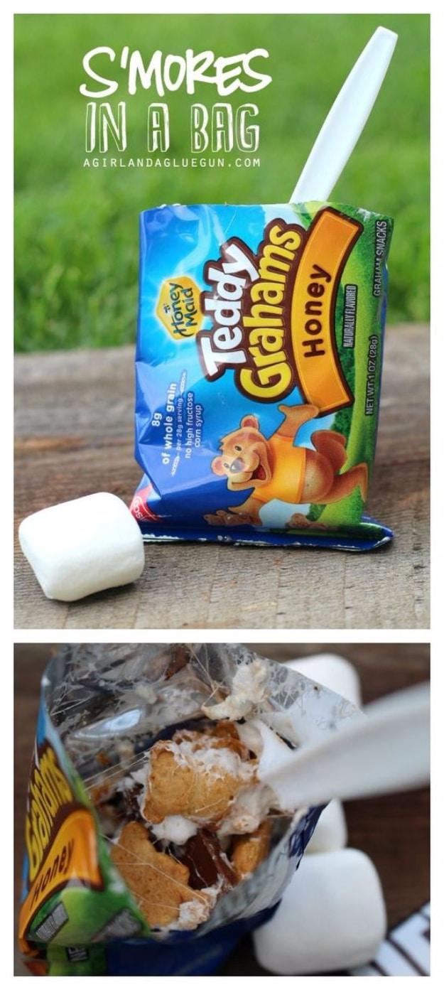 Open snack bag of Teddy Grahams with a marshmallow beside it, above a photo of a finished bagged s'more