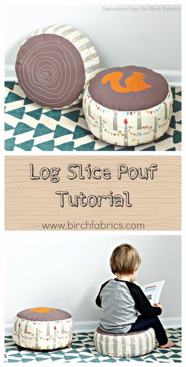 Two round log slice poufs printed as tree stumps, one with concentric rings and one with an orange squirrel applique