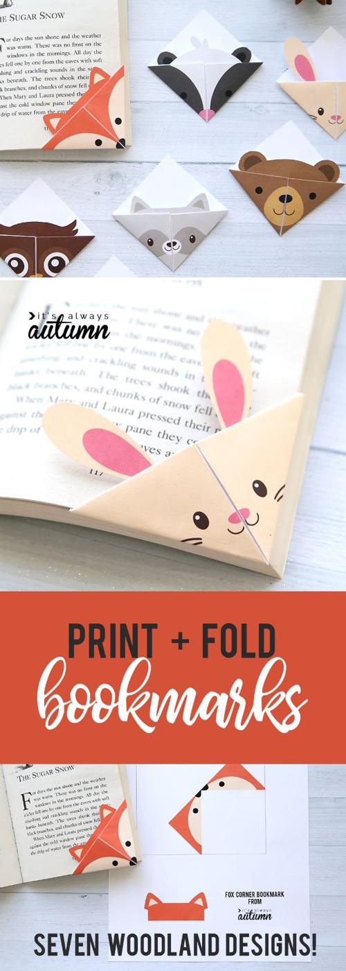Three panel collage of printed origami corner bookmarks as a fox, badger, bear and bunny, under a print and fold title