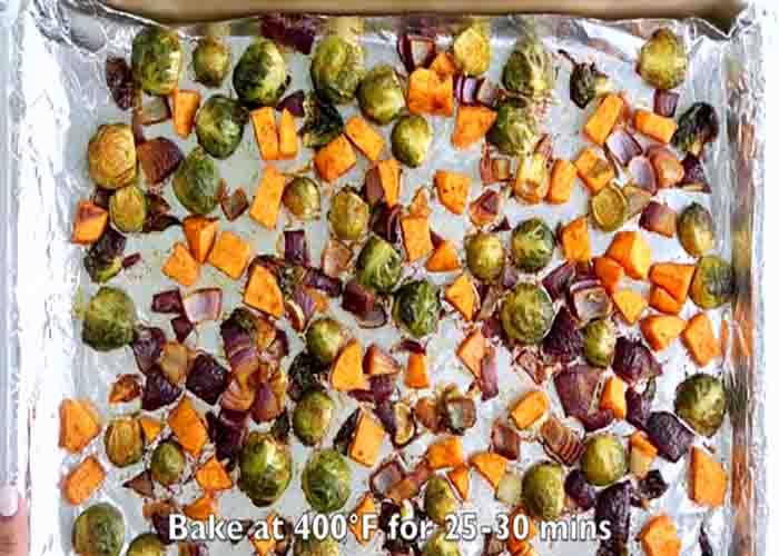 Roasting the brussels sprouts and sweet potato