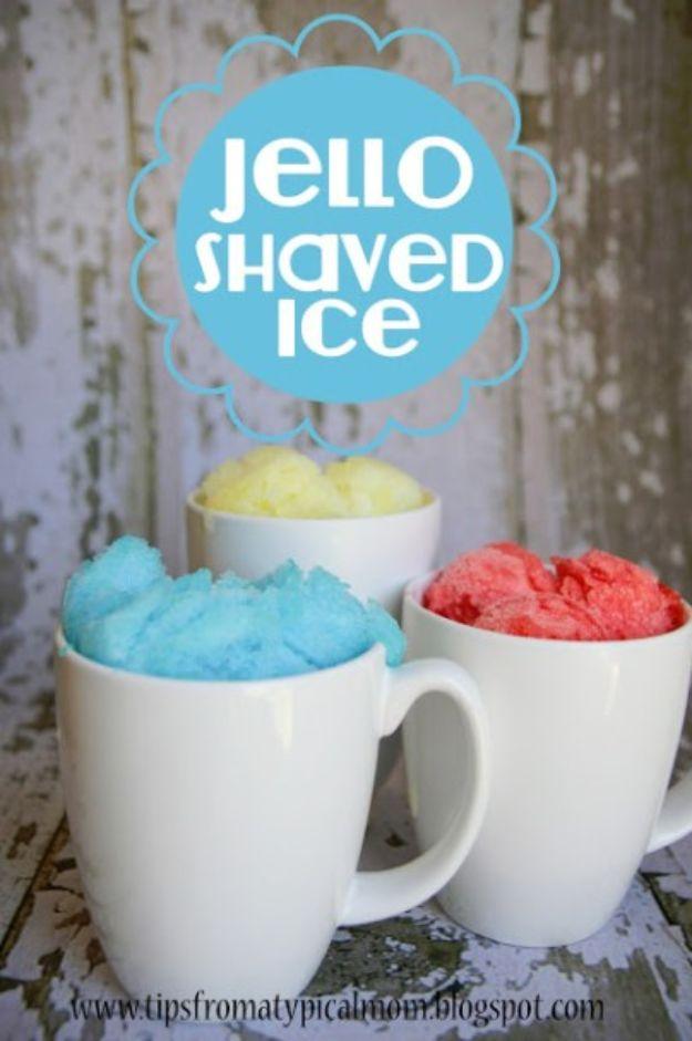 Jello homemade shaved ice in bright strawberry, pineapple and blueberry colors, a homemade summer treat for kids