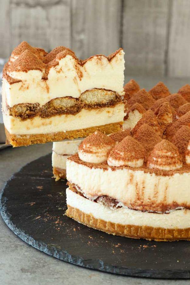No bake tiramisu cheesecake with a biscuit base, mascarpone filling, coffee ladyfingers and cocoa dust