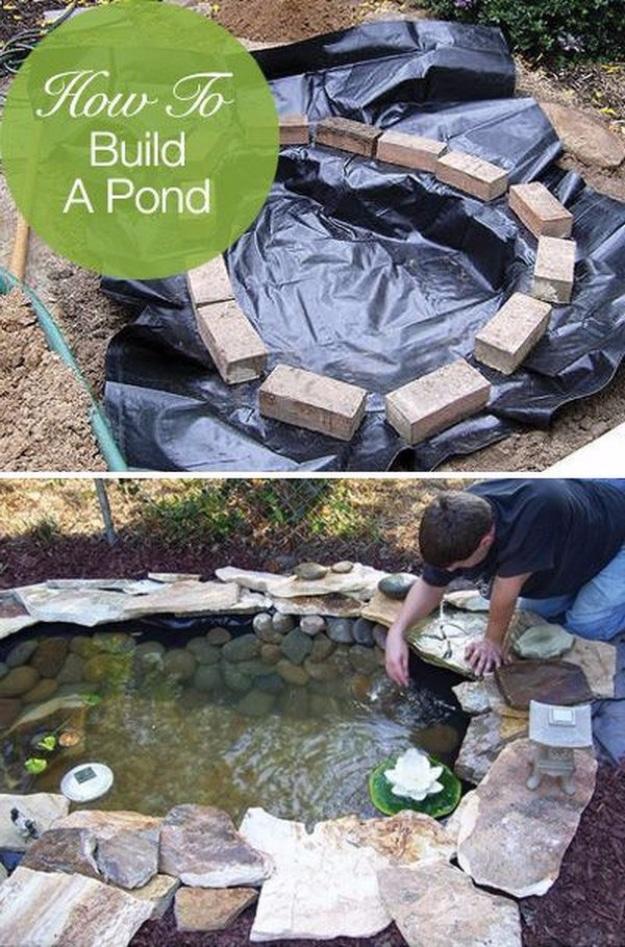 Build a garden pond, a dug pond lined in black sheeting and ringed with pavers, and the finished pond edged in stone