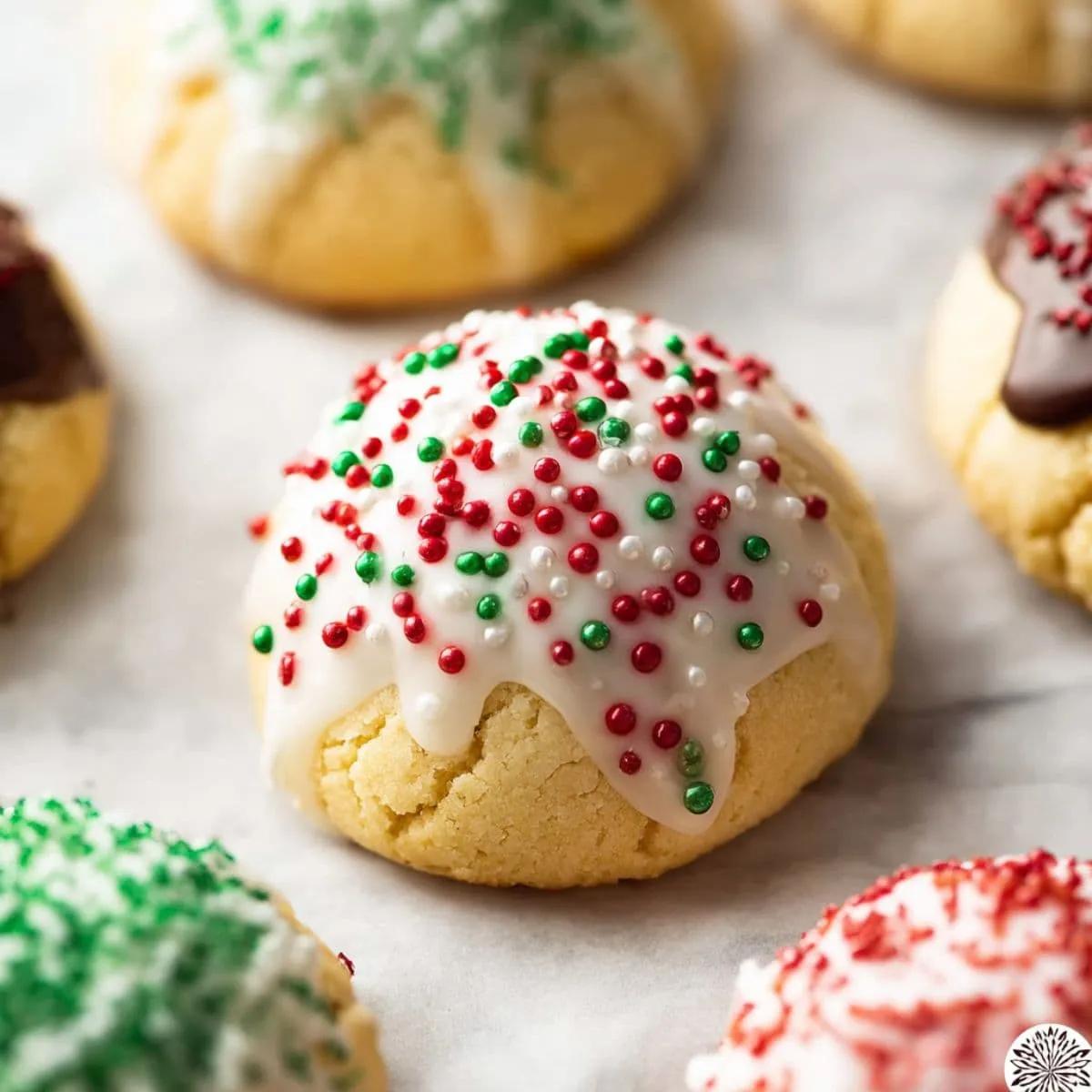 A soft Italian Christmas cookie with dripping white icing and red, green and white nonpareils on parchment with more behind