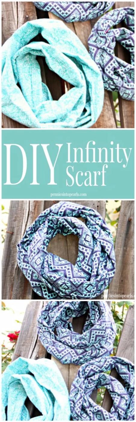 Three infinity scarves in aqua and navy print, looped and hung on a wooden fence, with a typeset DIY Infinity Scarf title