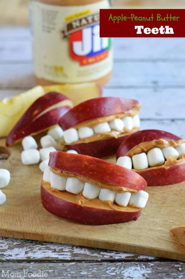 Halloween food idea, dessert-table favorite and kid-friendly spooky serving, focused on apple peanut butter teeth