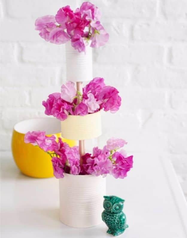 DIY Tiered Vase Of Tin Cans, quick enough to finish before nap time and a sweet way to personalize a plain space