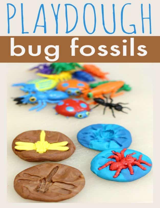 Playdough discs imprinted with bug and dragonfly shapes next to a pile of colorful plastic bugs, under a typeset title