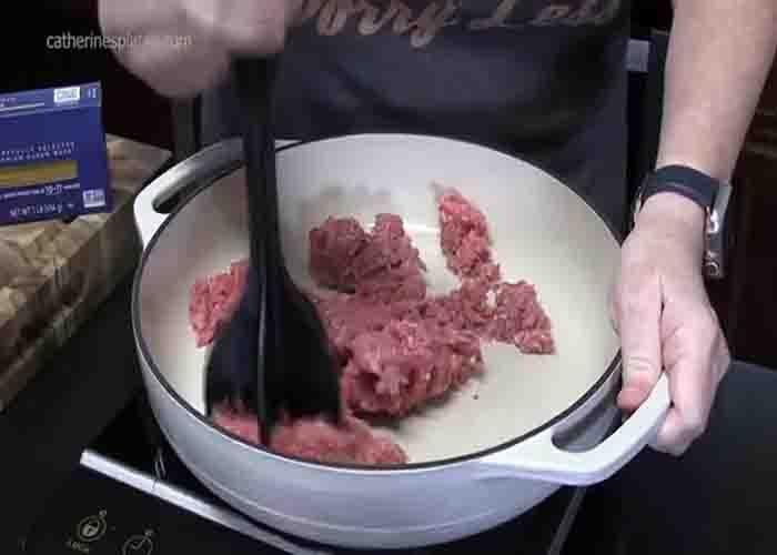 Cooking the ground beef for the spaghetti pie