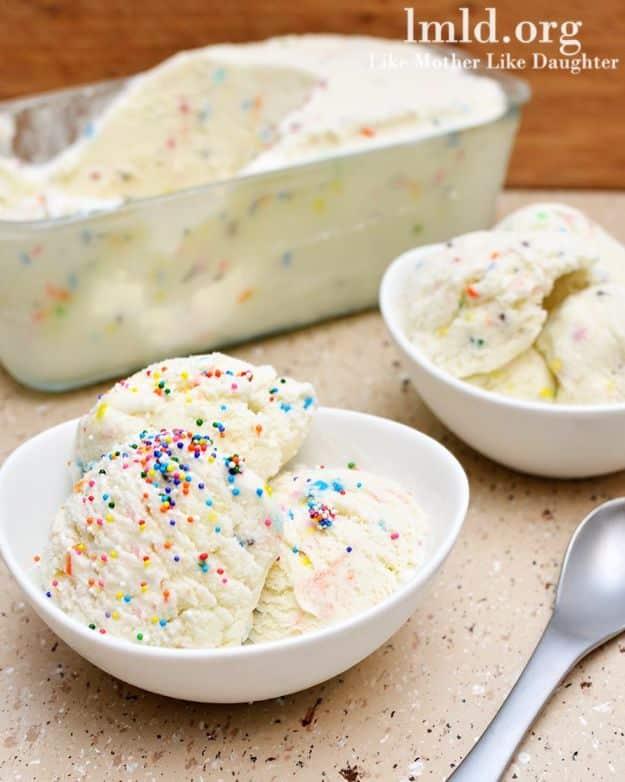 Cake batter ice cream studded with rainbow sprinkles in a waffle cone, a birthday flavored frozen dessert