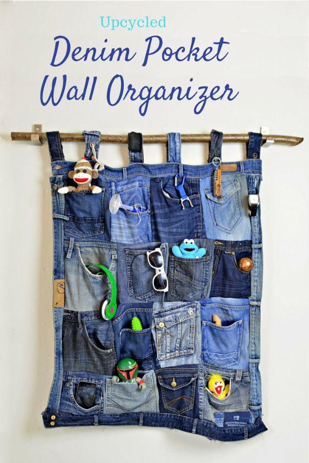 Blue Jean Upcycles - Upcycled Denim Pocket Wall Organizer - Ways to Make Old Denim Jeans Into DIY Home Decor, Handmade Gifts and Creative Fashion - Transform Old Blue Jeans into Pi