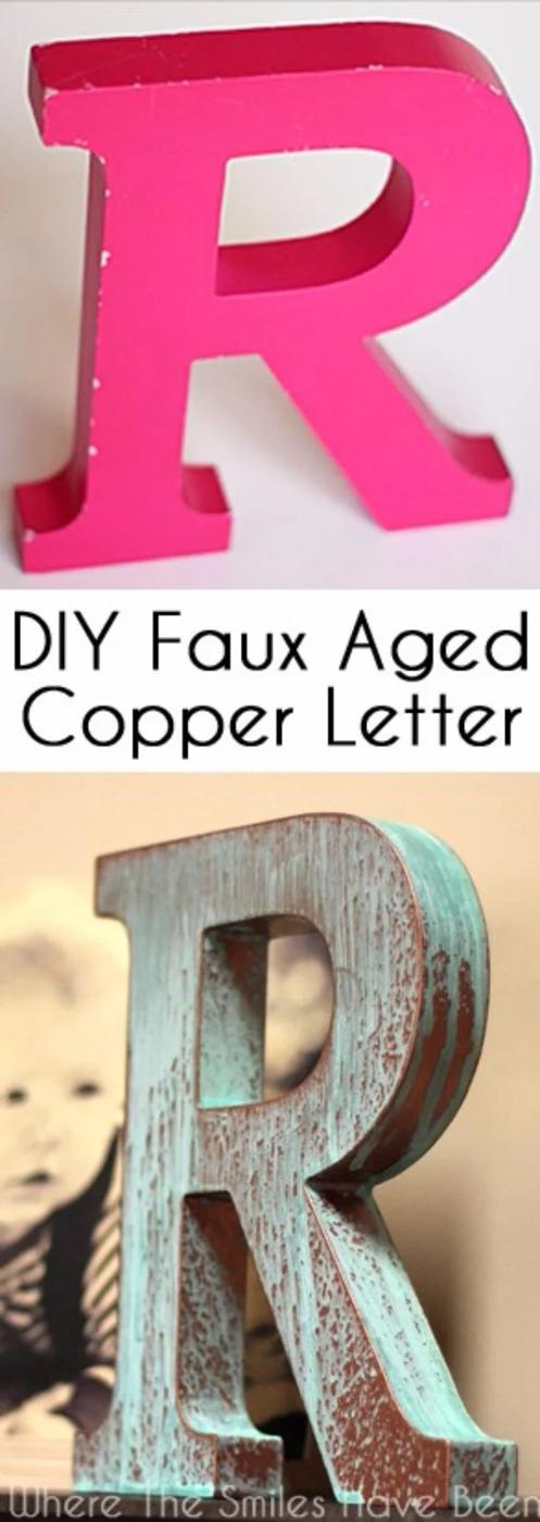 DIY Faux Copper Letter Aged with Blue Patina, a farmhouse decor accent, cheap enough to try twice if the opening round flops