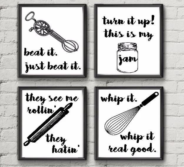 Free home wall art printables, four black and white kitchen quote prints with whisk, jam jar and rolling pin drawings