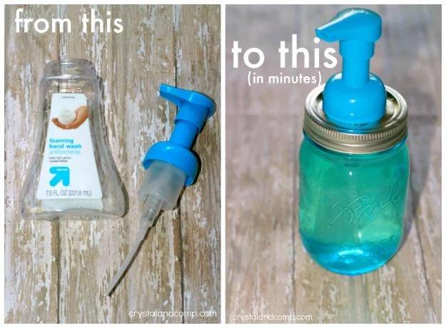 Before and after photos of a plastic foaming soap bottle and a blue quart mason jar fitted with the same blue foam pump