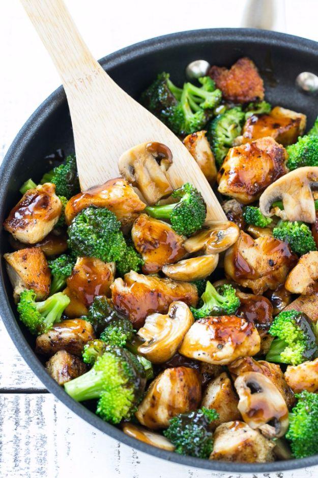 Chicken and broccoli stir fry with browned chicken pieces, florets and sliced mushrooms in glossy brown sauce