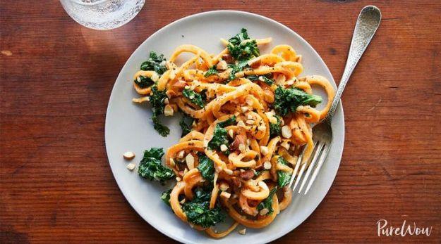 Veggie Noodle Recipes - Sweet Potato Noodles with Almond Sauce - How to Cook With Veggie Noodles - Healthy Pasta Recipe Ideas - How to Make Veggie Noodles With Carrots and Zucchini