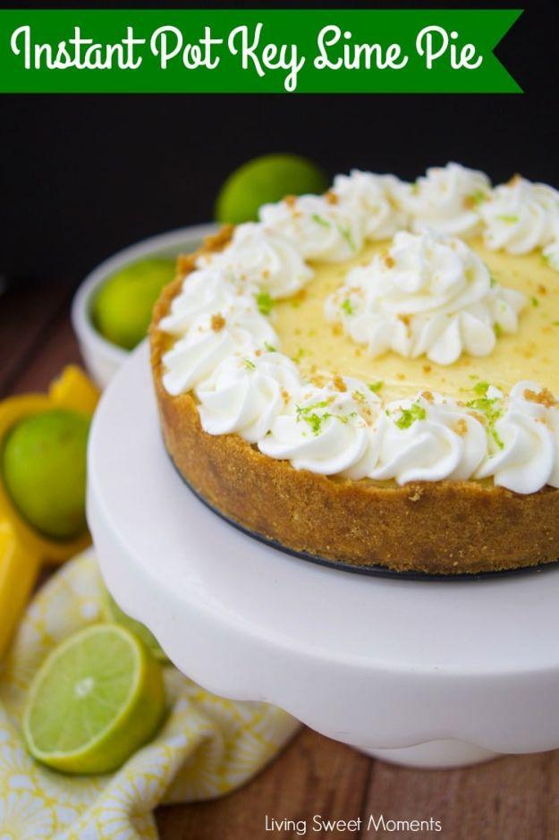 Graphic reading Instant Pot Key Lime Pie over a whole pie with whipped cream rosettes and lime zest on a cake stand